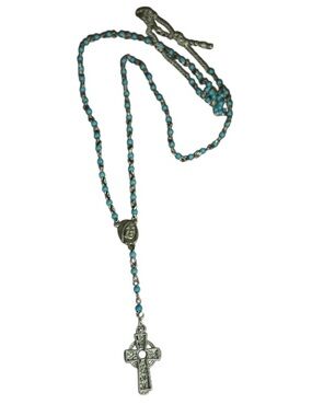 Turquoise Silver Rosary Necklace with Cross Pendant & adjustable lobster clip